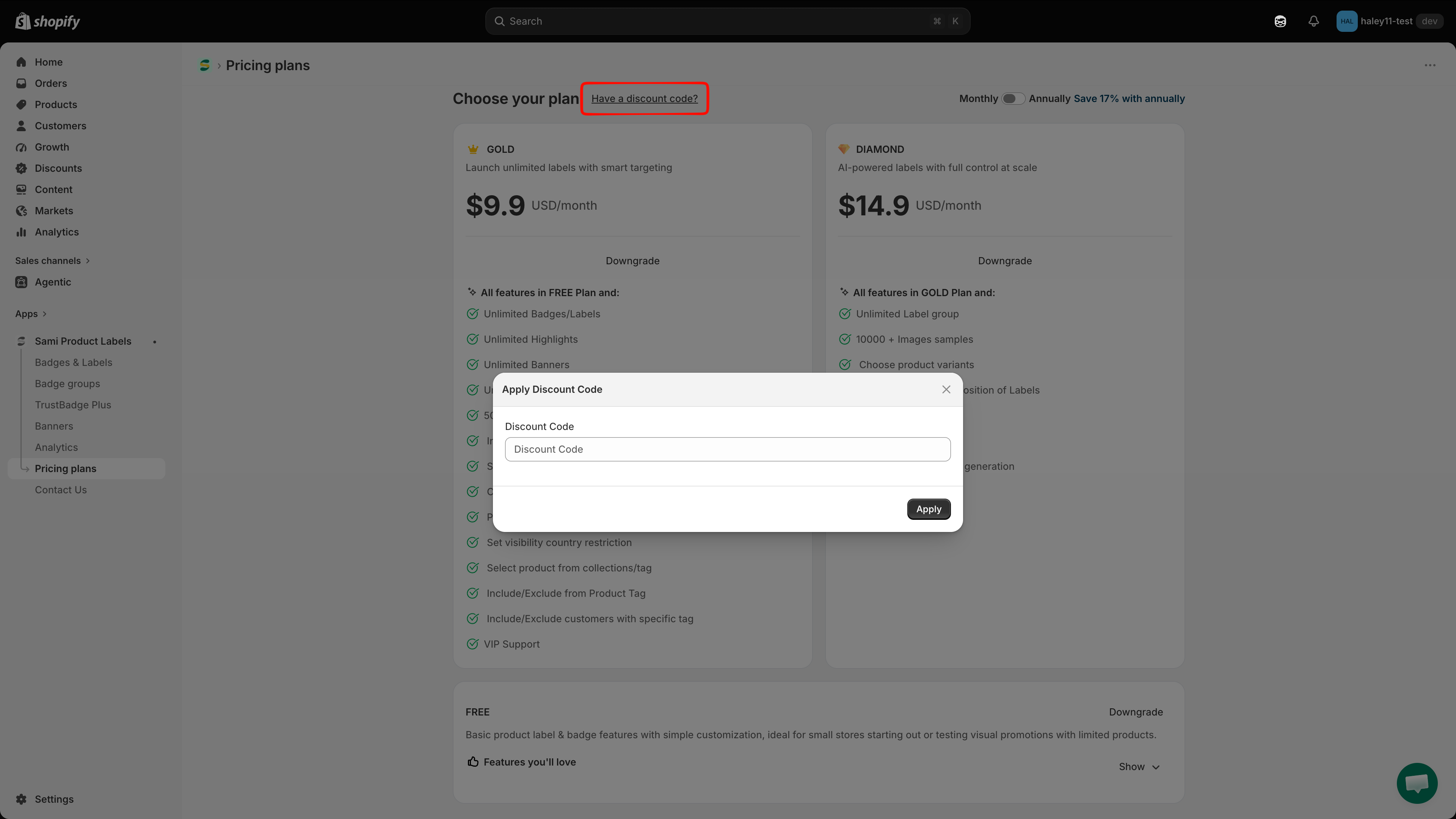 The Apply Discount Code dialog with its input field and Apply button