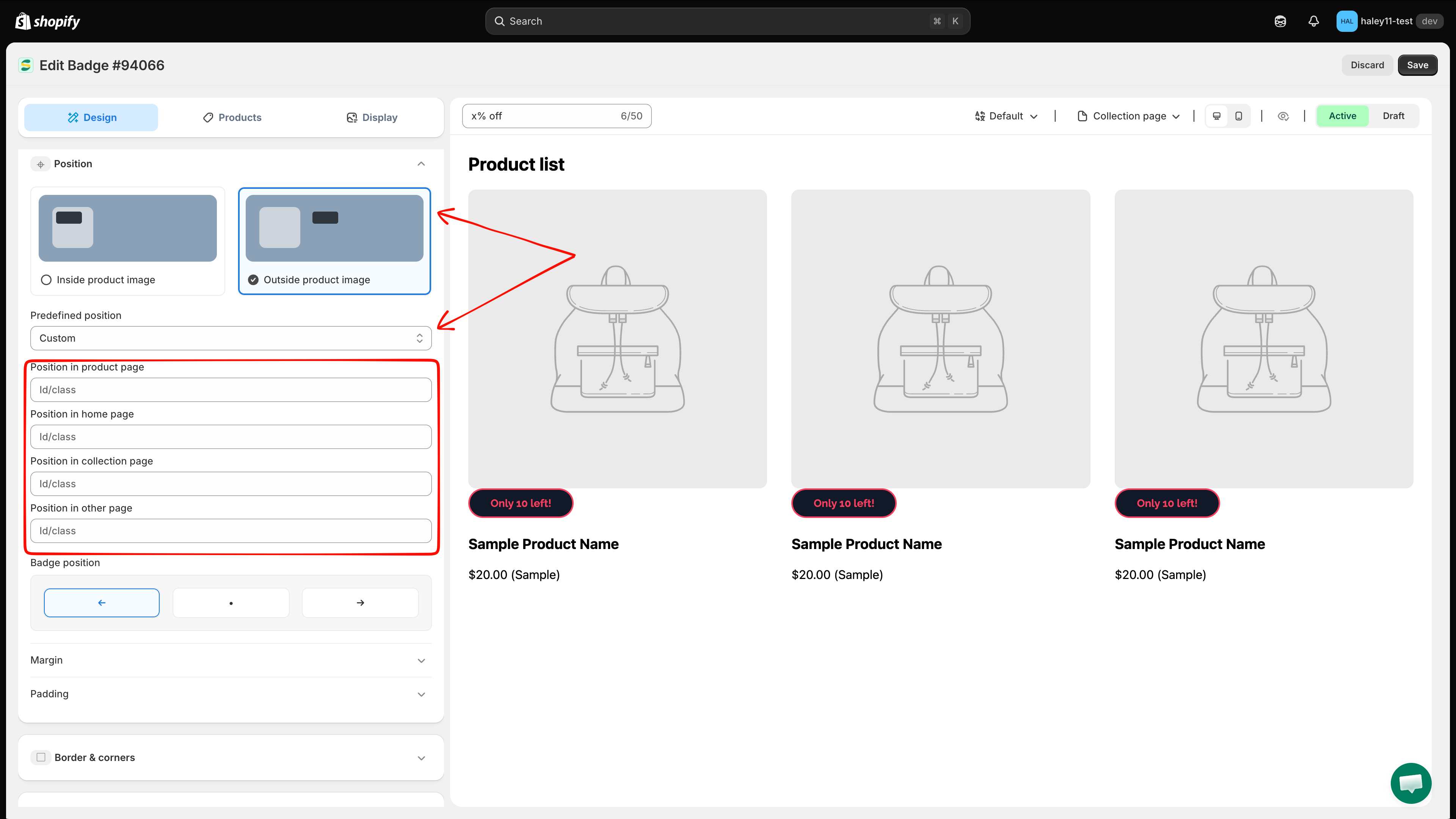 Custom outside-image position fields for product, home, collection, and other pages