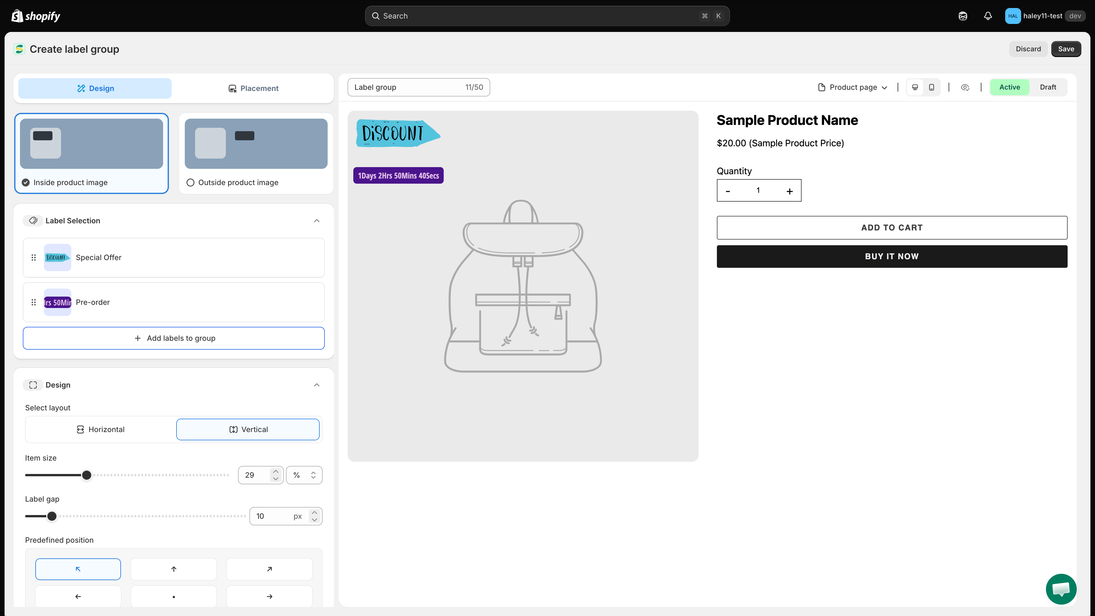 Design tab of the badge group editor