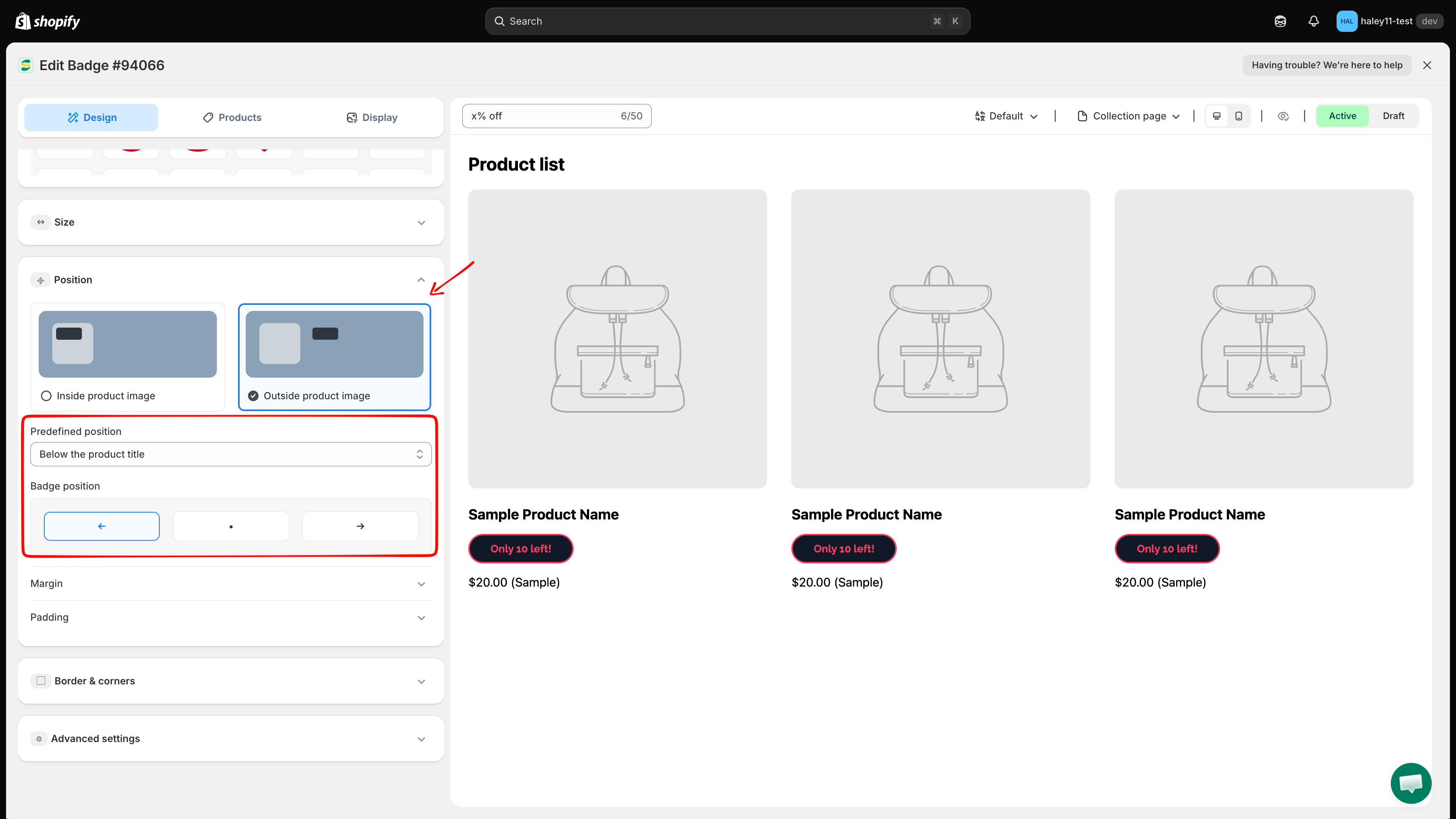 Outside product image selected with the Predefined position menu