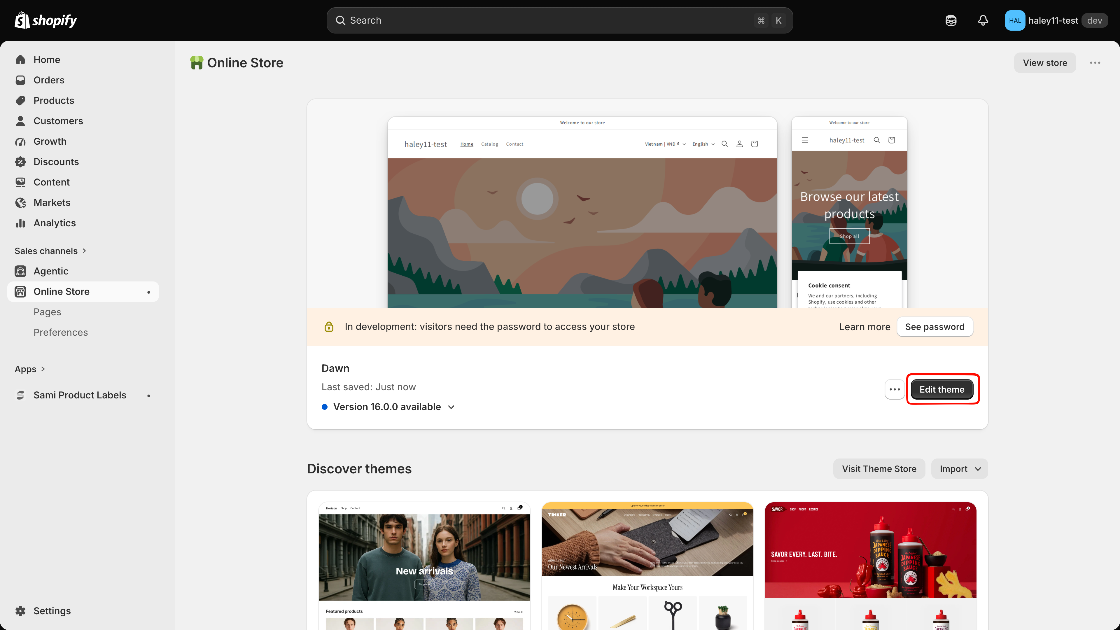Online Store page with Edit theme on the selected theme