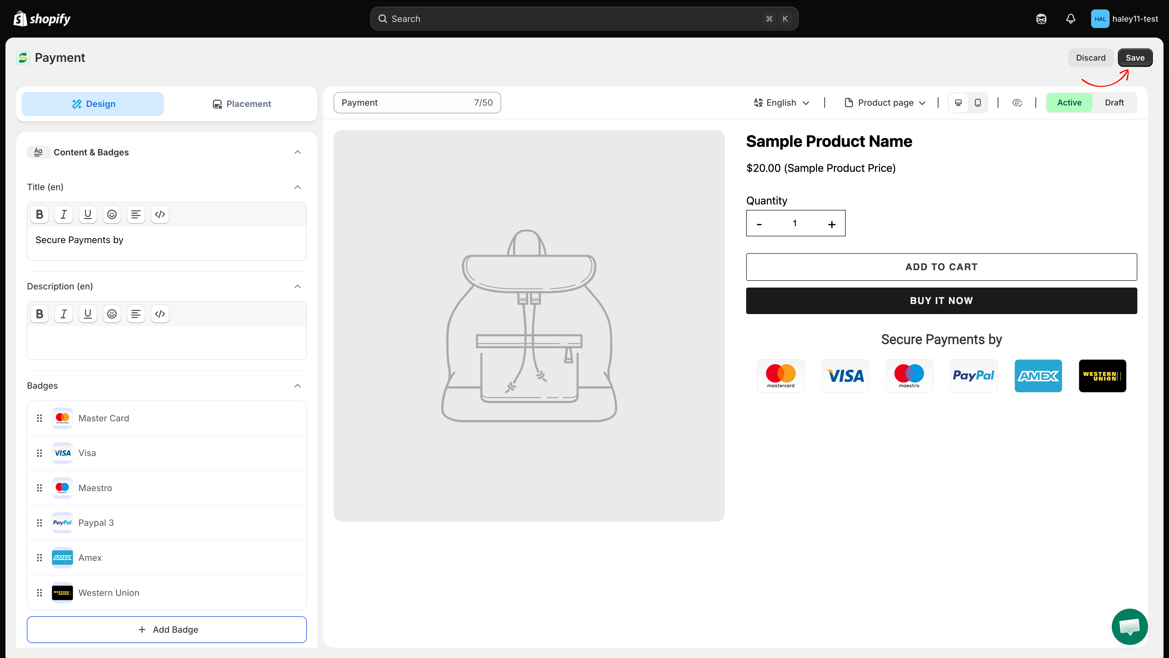 Trust badge editor with preview controls, Active and Draft status, Discard, and Save