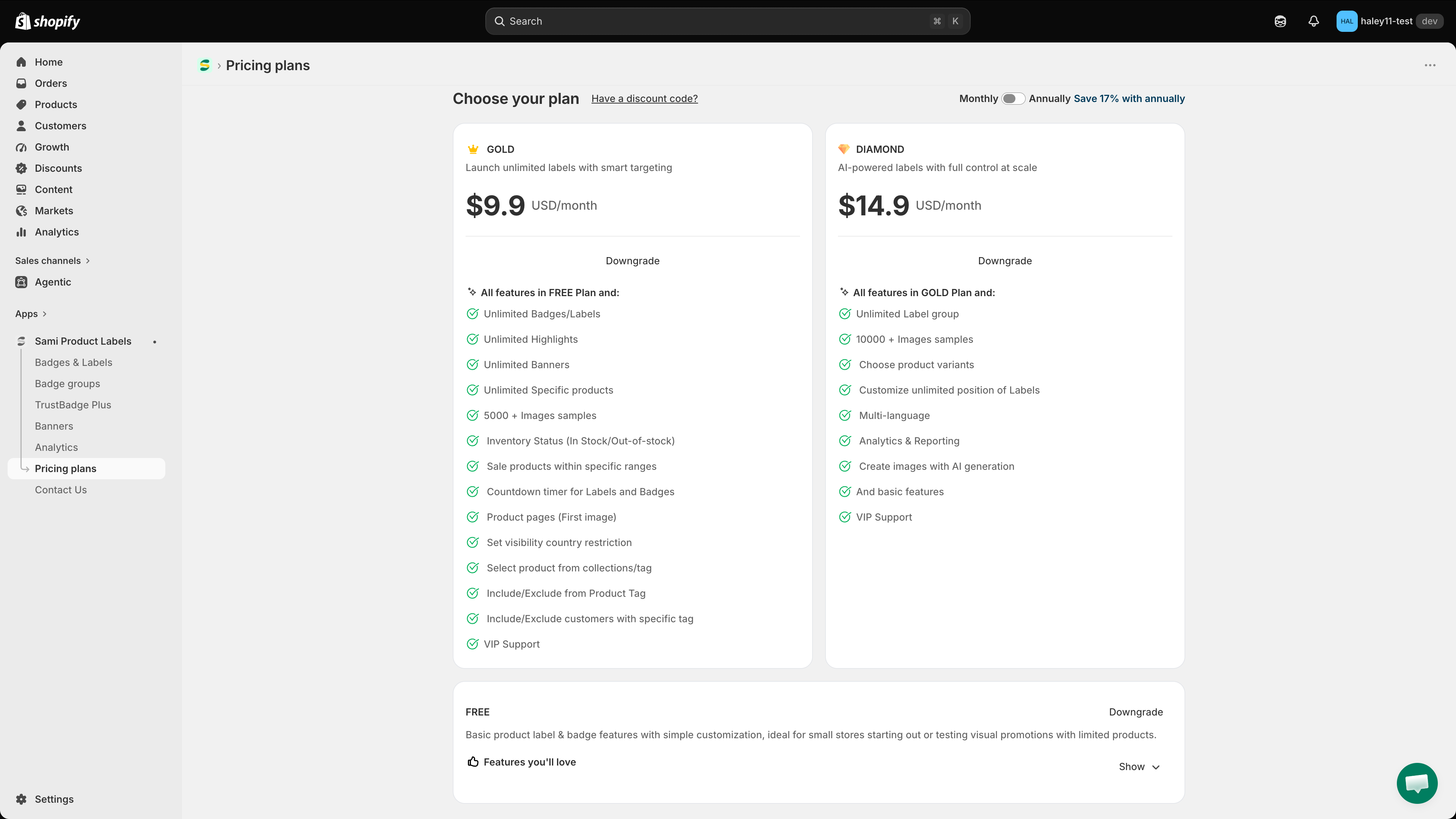 The Pricing plans page showing the GOLD and DIAMOND cards and the FREE row