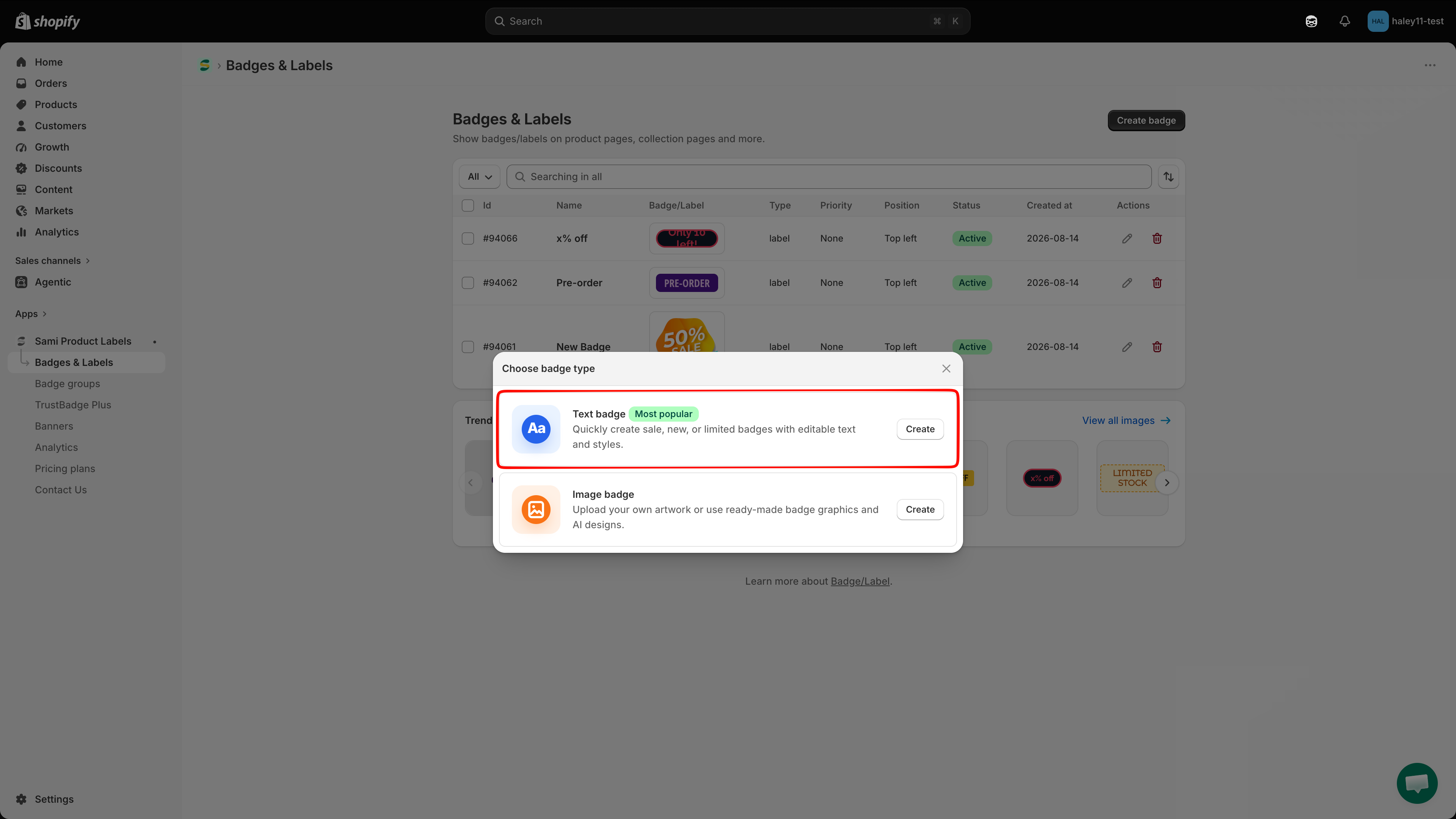 Choose badge type dialog with Text badge highlighted