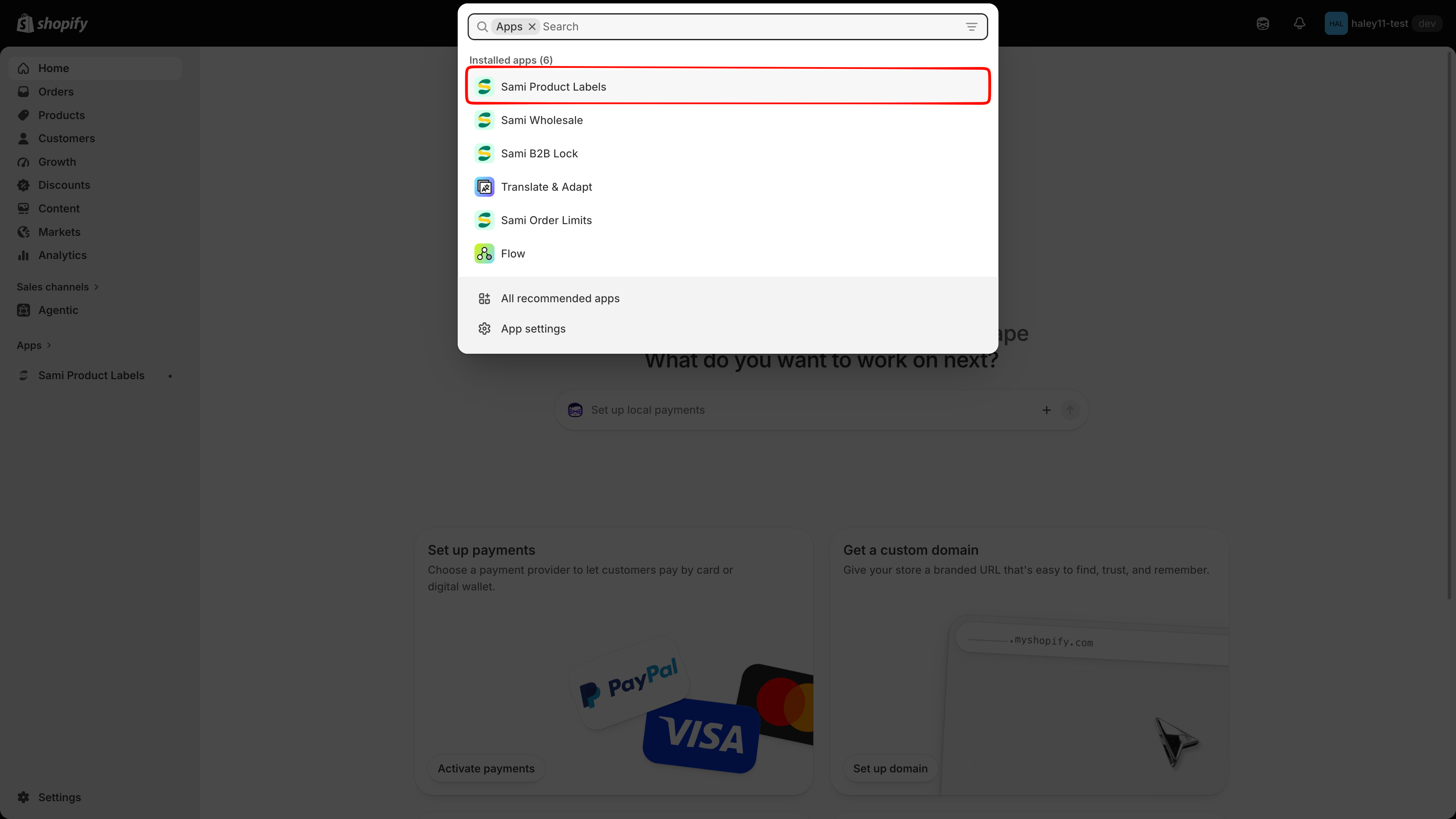 Shopify Admin Apps section showing Sami Product Labels