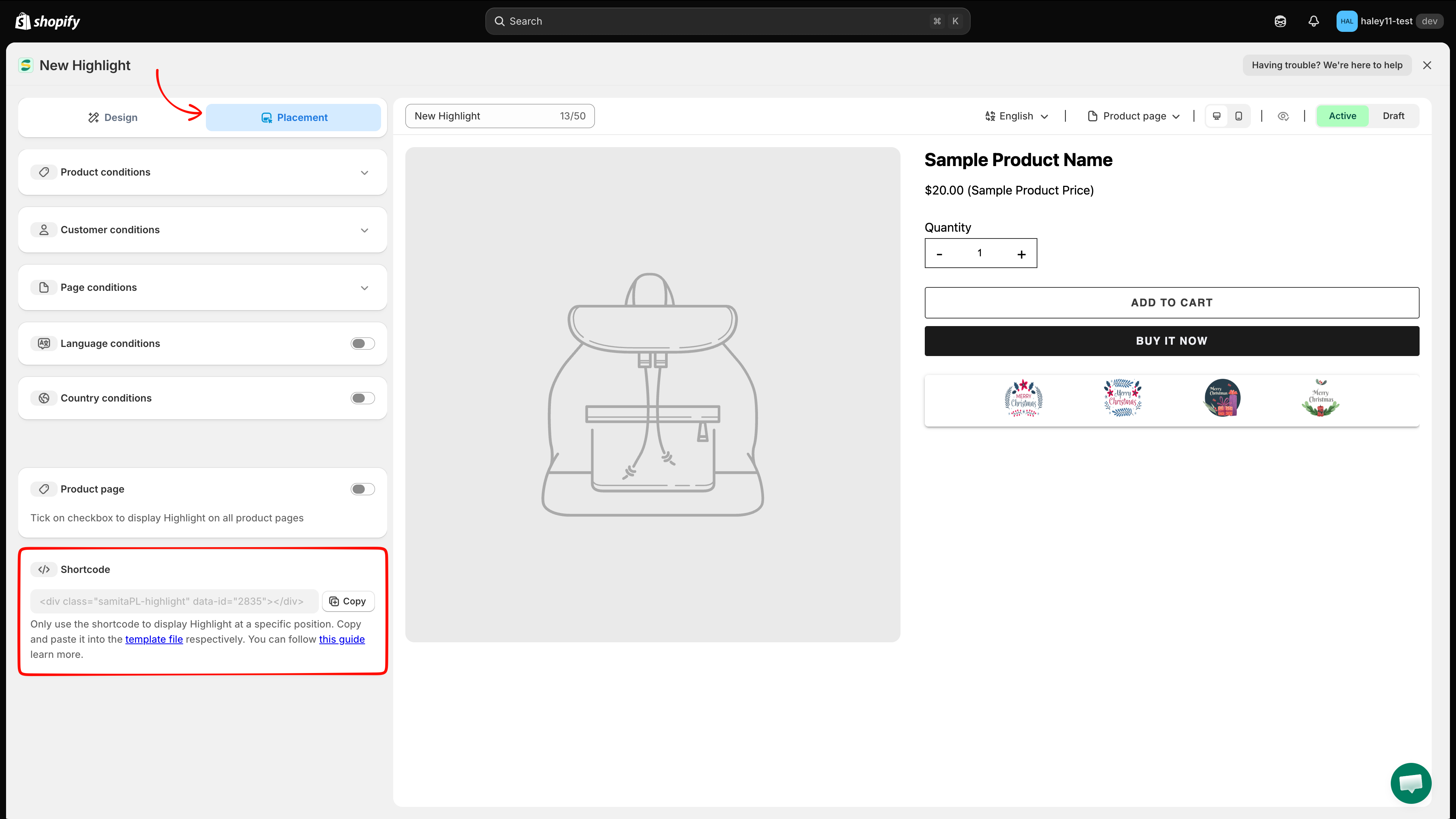 Placement tab of the highlight editor showing the Shortcode card with a Copy button
