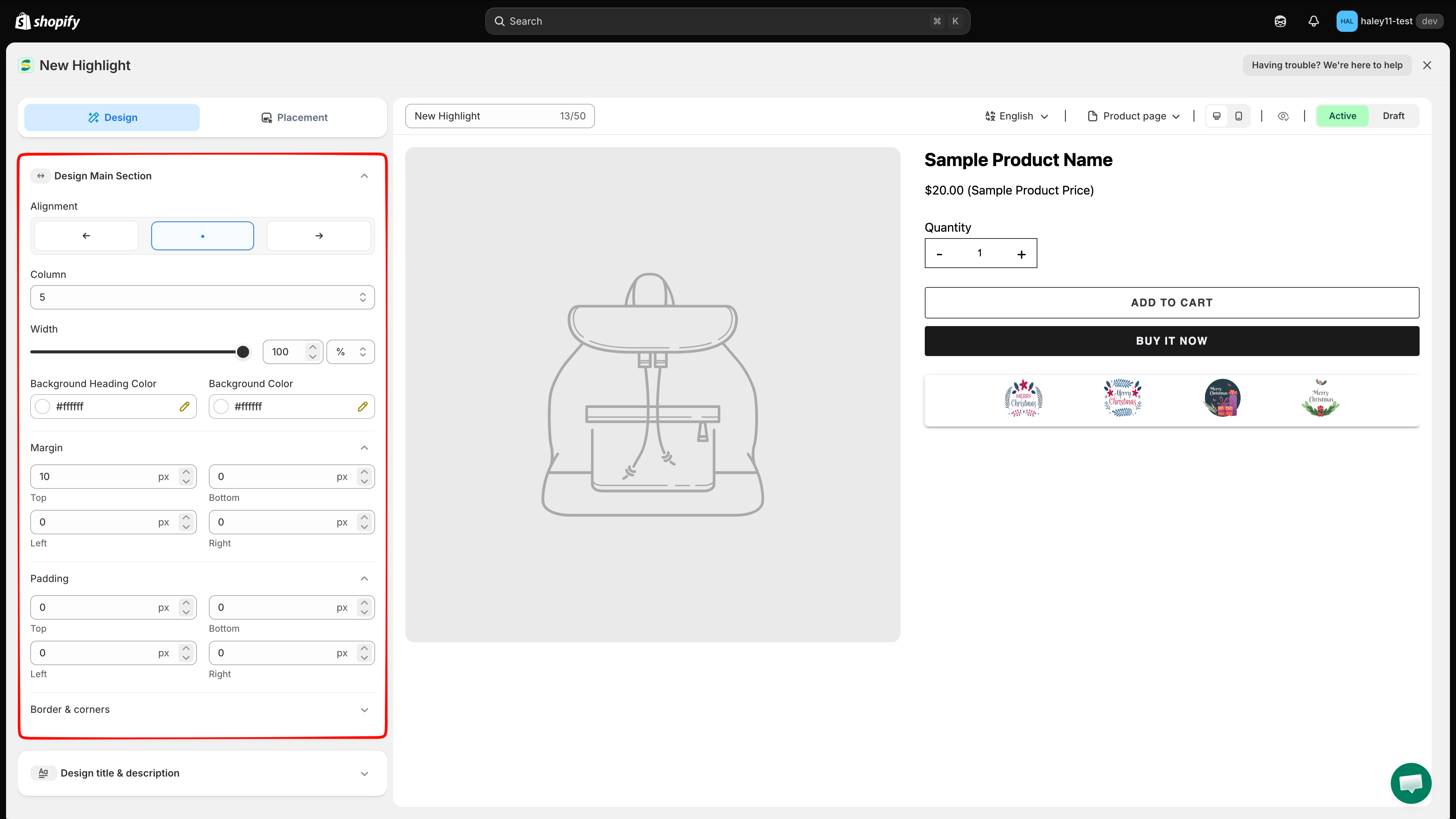 Design Main Section with alignment, column, width, and background colors