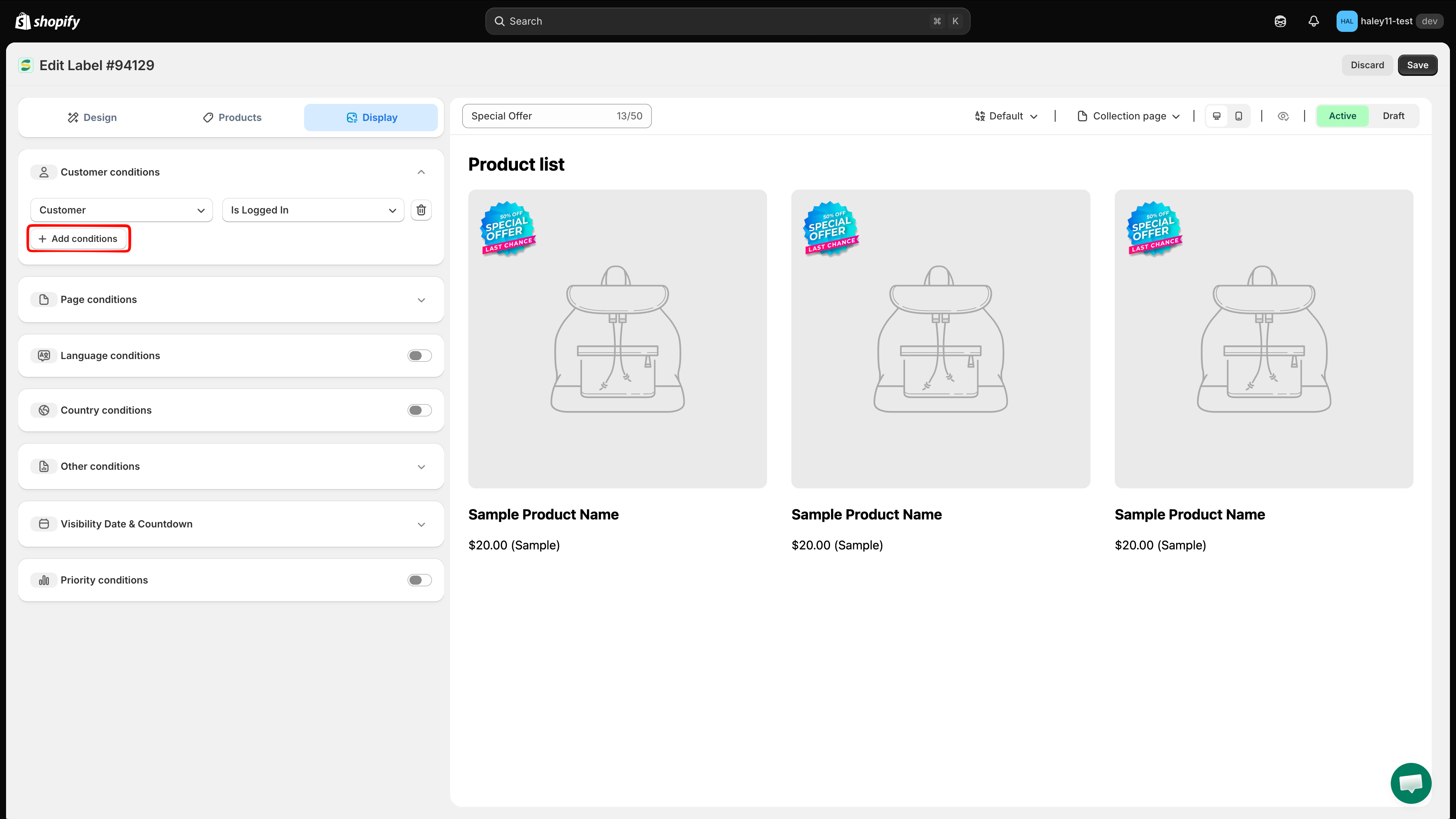 Customer condition menu in the Display tab