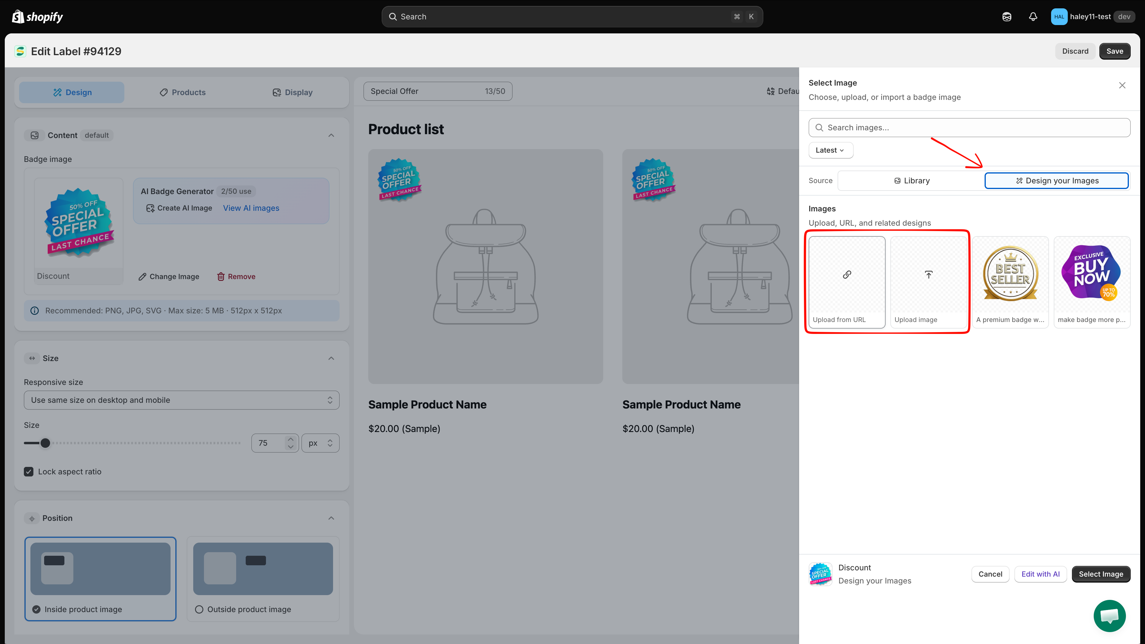 Select Image panel with the Library and Design your Images source tabs