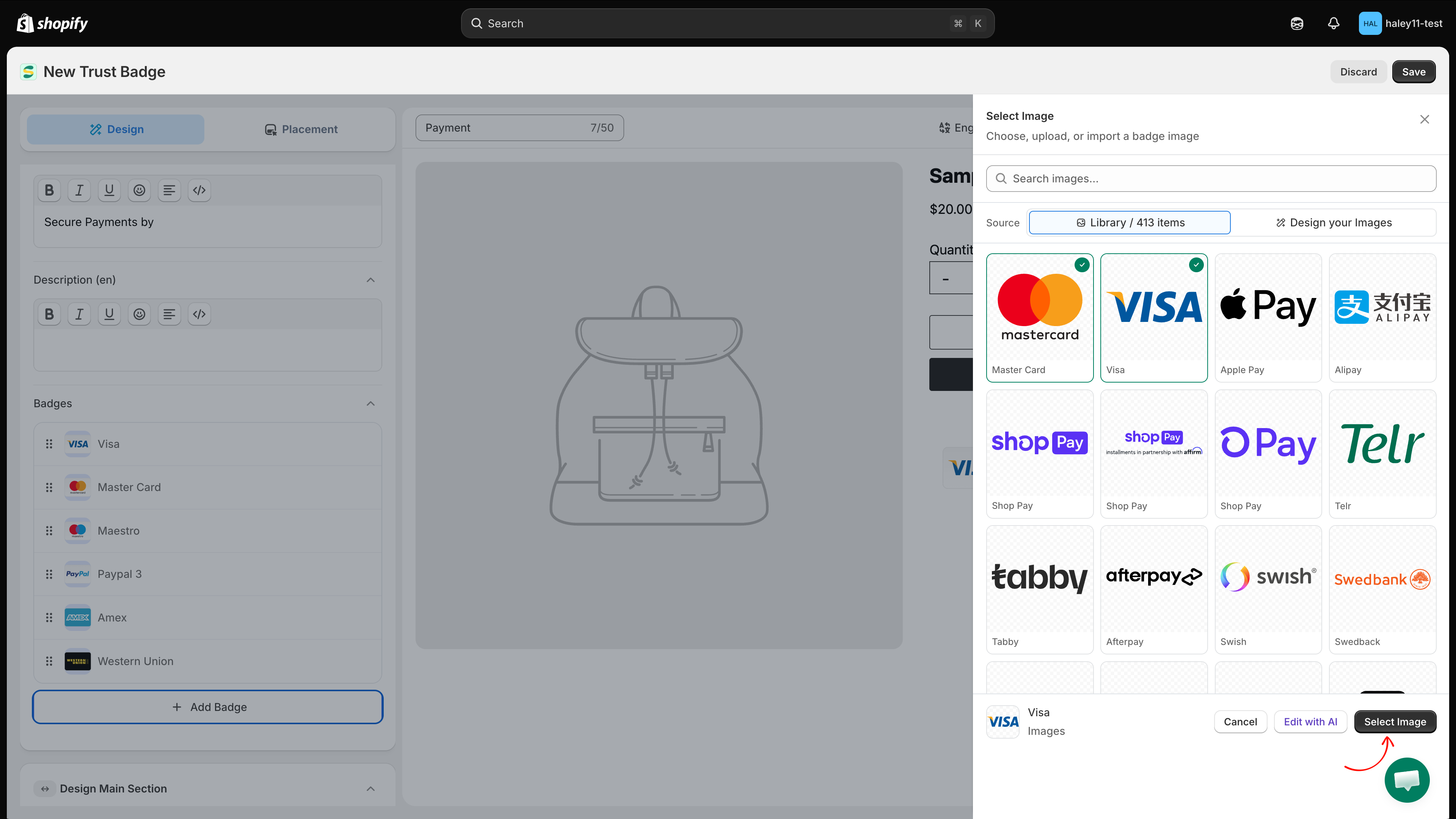 Select Image dialog with Search images, Library, Design your Images, Edit with AI, and Select Image controls