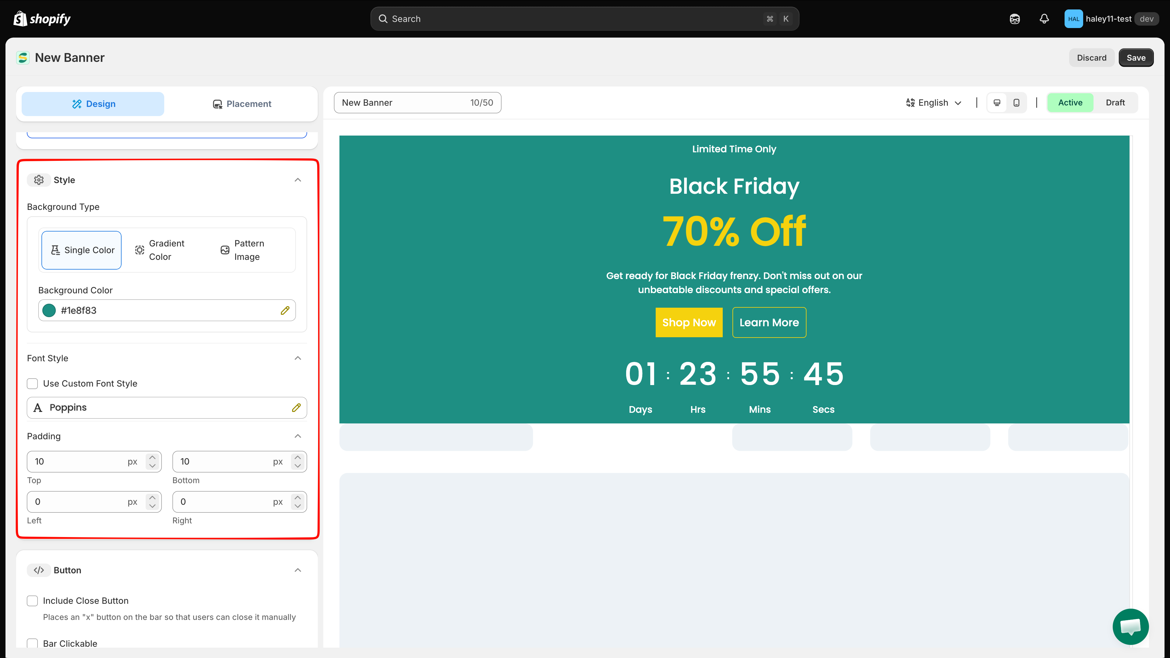 The Style panel with Background Type, Font Style, and Padding options