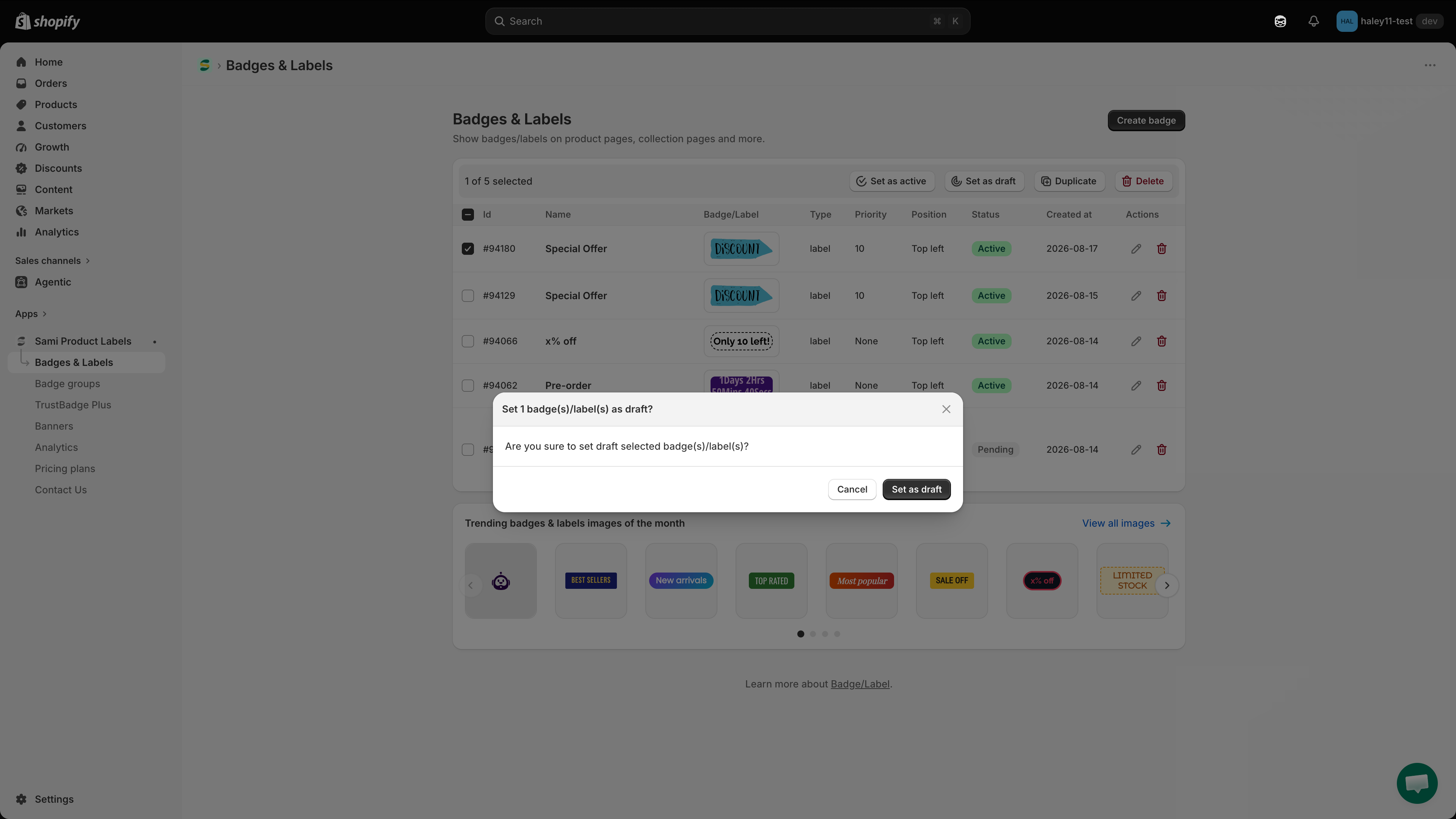 Confirmation dialog for setting badges as draft
