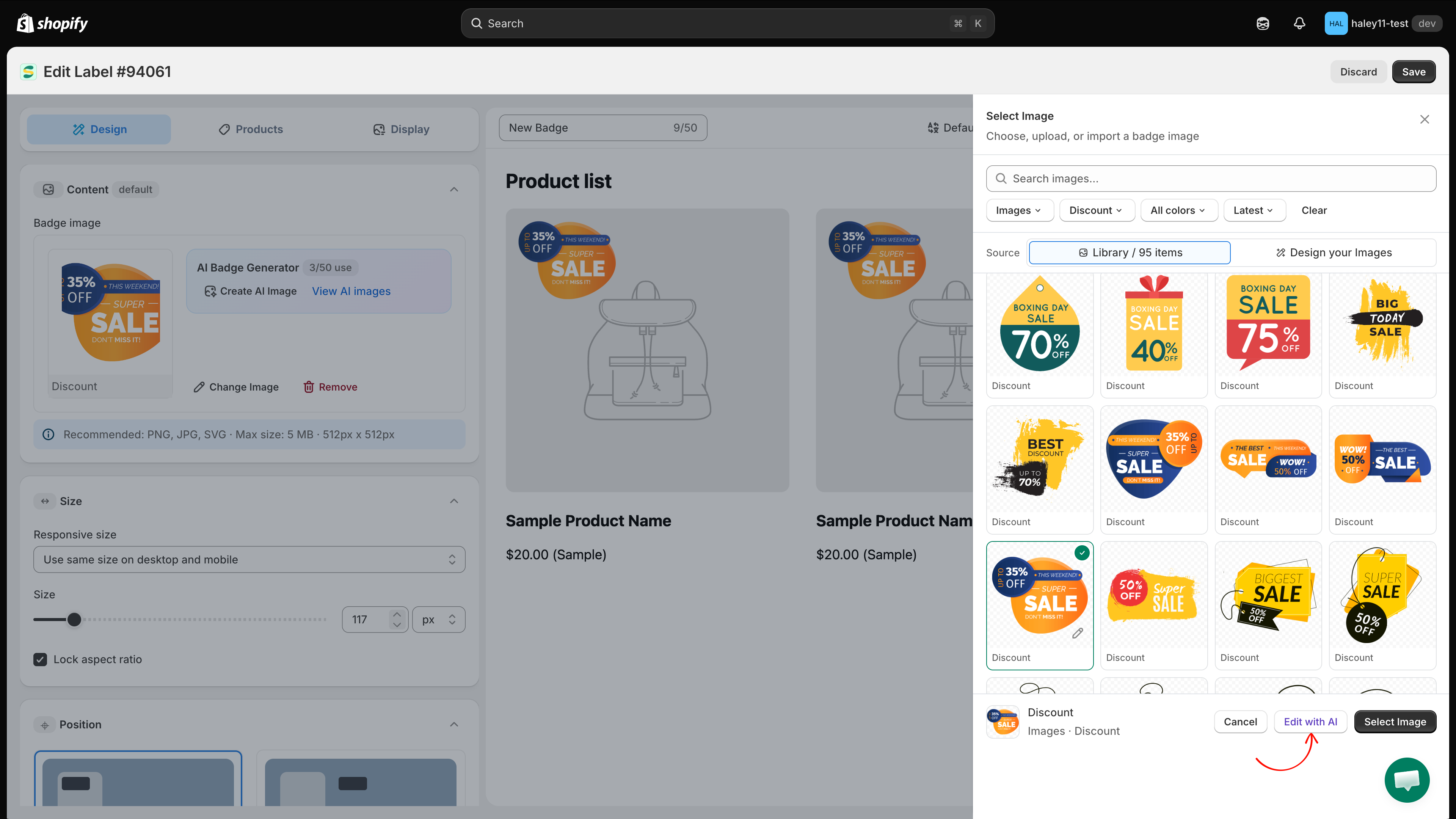 The Select Image panel with the Edit with AI button in the footer